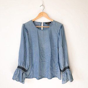 Alexander Jordan Chambray Long Sleeve Top Denim Blouse Boho Ruffle Statement Y2K